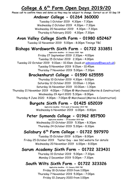 College & 6Th Form Open Days 2019/20