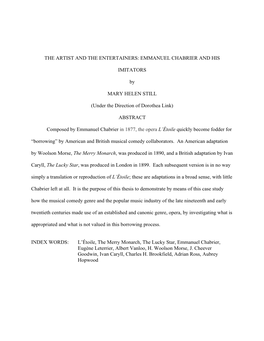 THE ARTIST and the ENTERTAINERS: EMMANUEL CHABRIER and HIS IMITATORS by MARY HELEN STILL (Under the Direction of Dorothea Link)