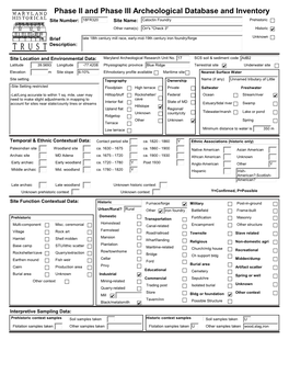 Phase II and Phase III Archeological Database and Inventory Site Number: 18FR320 Site Name: Catoctin Foundry Prehistoric Other Name(S) Orr's 