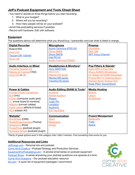 Jeff's Podcast Equipment and Tools Cheat Sheet