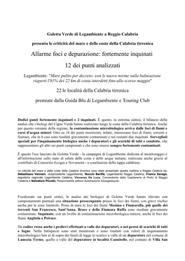 Allarme Foci E Depurazione: Fortemente Inquinati 12 Dei Punti Analizzati