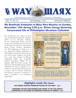 His Beatitude Sviatoslav to Bless New Mosaics on Sunday, November 15Th During 2:30 P.M