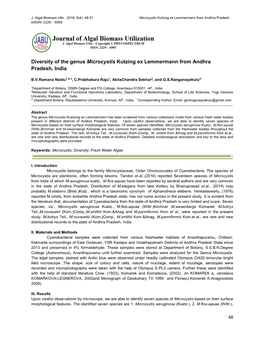 Diversity of the Genus Microcystis Kutzing Ex Lemmermann from Andhra Pradesh, India