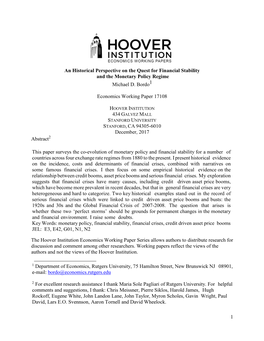 1 an Historical Perspective on the Quest for Financial Stability and the Monetary Policy Regime Michael D. Bordo1 Economics Work