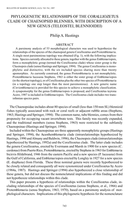 Phylogenetic Relationships of the <I>Coralliozetus</I> Clade Of