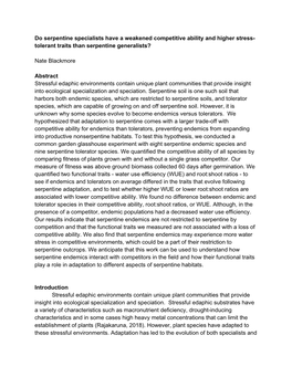 Do Serpentine Specialists Have a Weakened Competitive Ability and Higher Stress- Tolerant Traits Than Serpentine Generalists?