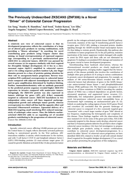 (ZNF306) Is a Novel ''Driver'' of Colorectal Cancer Progression