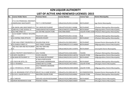 KZN LIQUOR AUTHORITY LIST of ACTIVE and RENEWED LICENSES: 2015 No