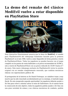 La Demo Del Remake Del Clásico Medievil Vuelve a Estar Disponible En Playstation Store