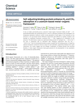 Self-Adjusting Binding Pockets Enhance H2 and CH4 Adsorption in a Uranium-Based Metal–Organic Cite This: Chem