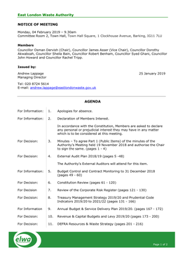 East London Waste Authority NOTICE of MEETING AGENDA