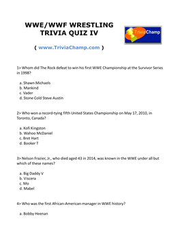 Wwe/Wwf Wrestling Trivia Quiz Iv