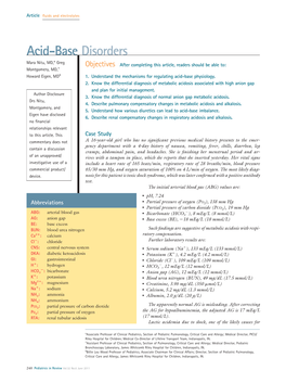 Acid-Base Disorders Mara Nitu, MD,* Greg Objectives After Completing This Article, Readers Should Be Able To: Montgomery, MD,† Howard Eigen, MD§ 1