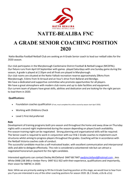 Natte-Bealiba Fnc a Grade Senior Coaching Position 2020