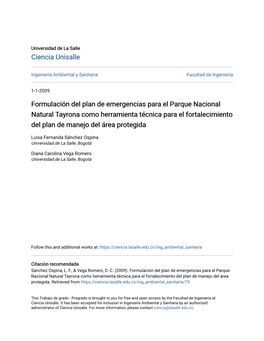 Formulación Del Plan De Emergencias Para El Parque Nacional Natural Tayrona Como Herramienta Técnica Para El Fortalecimiento Del Plan De Manejo Del Área Protegida