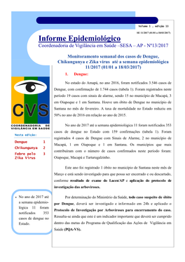 Informe Epidemiológico Coordenadoria De Vigilância Em Saúde –SESA – AP - Nº13/2017