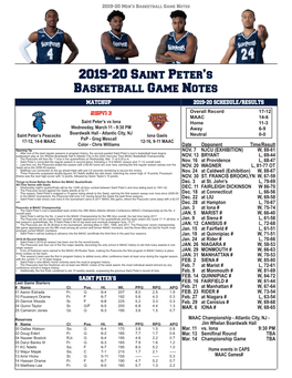 2019-20 Saint Peter's Basketball Game Notes