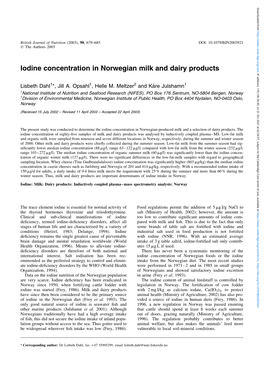 Iodine Concentration in Norwegian Milk and Dairy Products