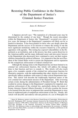 Restoring Public Confidence in the Fairness of the Department of Justice's Criminal Justice Function