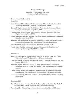 History of Technology Preliminary Exam Reading List, 2008 Supervised by Eric Schatzberg