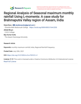 Regional Analysis of Seasonal Maximum Monthly Rainfall Using L-Moments: a Case Study for Brahmaputra Valley Region of Assam, India