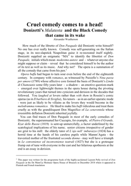Cruel Comedy Comes to a Head! Donizetti’S Malatesta and the Black Comedy That Came in Its Wake Alexander Weatherson