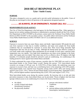 2018 HEAT RESPONSE PLAN Tyler / Smith County