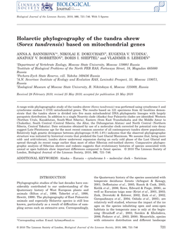 Holarctic Phylogeography of the Tundra Shrew (Sorex Tundrensis) Based on Mitochondrial Genes