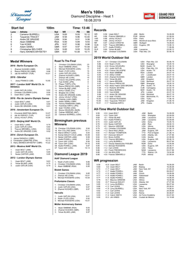Men's 100M Diamond Discipline - Heat 1 18.08.2019