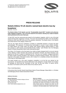 PRESS RELEASE Solaris Urbino 15 LE Electric Named Best Electric Bus