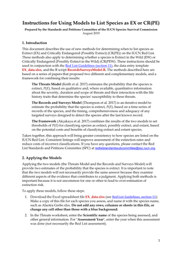 Instructions for Using Models to List Species As EX Or CR(PE) Prepared by the Standards and Petitions Committee of the IUCN Species Survival Commission August 2019