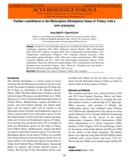 Further Contribution to the Heteroptera (Hemiptera) Fauna of Turkey with a New Synonymy