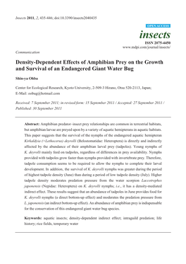 Density-Dependent Effects of Amphibian Prey on the Growth and Survival of an Endangered Giant Water Bug