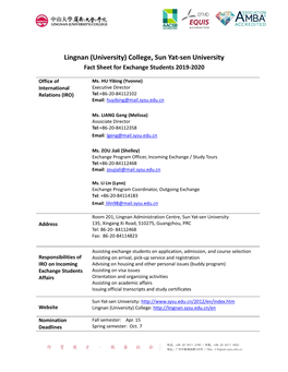 Lingnan (University) College, Sun Yat-Sen University Fact Sheet for Exchange Students 2019-2020