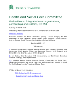 Health Select Committee Inquiry Into Integrated Care: Organisations