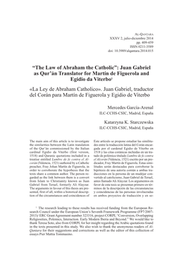 “The Law of Abraham the Catholic”: Juan Gabriel As Qur’An Translator for Martín De Figuerola and Egidio Da Viterbo1 «La Ley De Abraham Catholico»