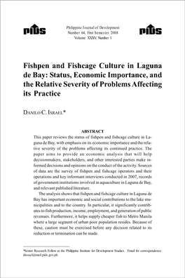 Fishpen and Fishcage Culture in Laguna De Bay: Status, Economic Importance, and the Relative Severity of Problems Affecting Its Practice