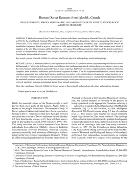 Human Dorset Remains from Igloolik, Canada NIELS LYNNERUP,1 J¯RGEN MELDGAARD,2 JAN JAKOBSEN,3 MARTIN APPELT,2 ANDERS KOCH4 and BRUNO FR¯HLICH5