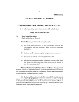 1 (19Th Session) NATIONAL ASSEMBLY SECRETARIAT ———— “QUESTIONS for ORAL ANSWERS and THEIR REPLIES” to Be Asked A