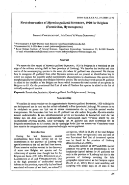 First Observation of Myrmica Gallienii BONDROIT, 1920 for Belgium (F~Rmicidae, Hymenoptera)
