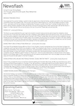 Newsflash ACADEMY an OFSTED OUTSTANDING SCHOOL Acting Principal: Emma Steele Vice Principal: James O'connell Lauder, Raouf Mohammed Issue: 17.07.19