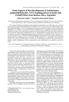 Some Aspects of the Development of Lobatostoma Jungwirthi Kritscher, 1974 (Aspidogastrea) in Snails and Cichlid Fishes from Buen