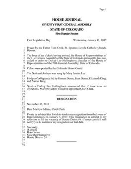 HOUSE JOURNAL SEVENTY-FIRST GENERAL ASSEMBLY STATE of COLORADO First Regular Session