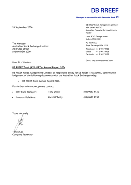 26 September 2006 the Manager Australian Stock Exchange Limited