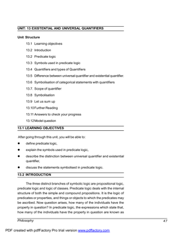 Philosophy 47 Existential and Universal Quantifiers Unit 13 UNIT