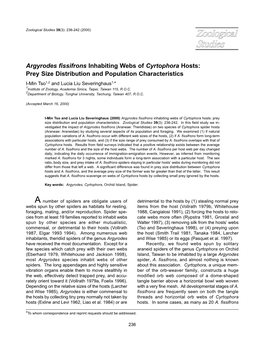 Argyrodes Fissifrons Inhabiting Webs of Cyrtophora Hosts: Prey Size Distribution and Population Characteristics