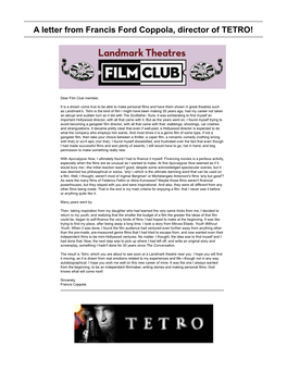 A Letter from Francis Ford Coppola, Director of TETRO!