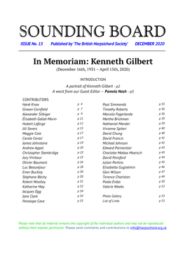 In Memoriam: Kenneth Gilbert (December 16Th, 1931 – April 15Th, 2020)