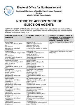 Notice of Appointment of Election Agents