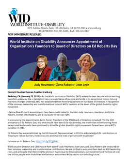 World Institute on Disability Announces Appointment of Organization's Founders to Board of Directors on Ed Roberts